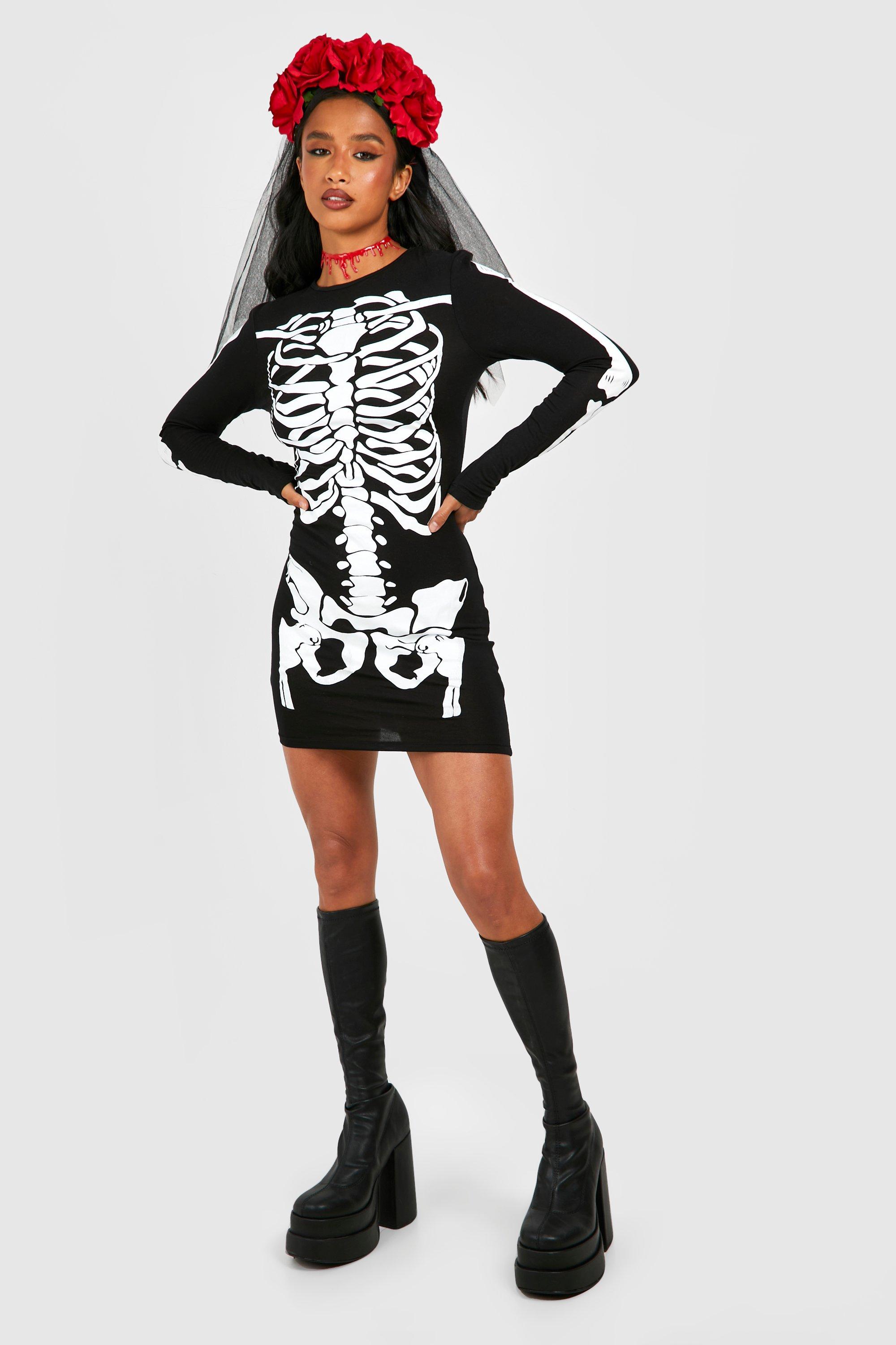 Petite Halloween Skeleton Long Sleeve Mini Dress