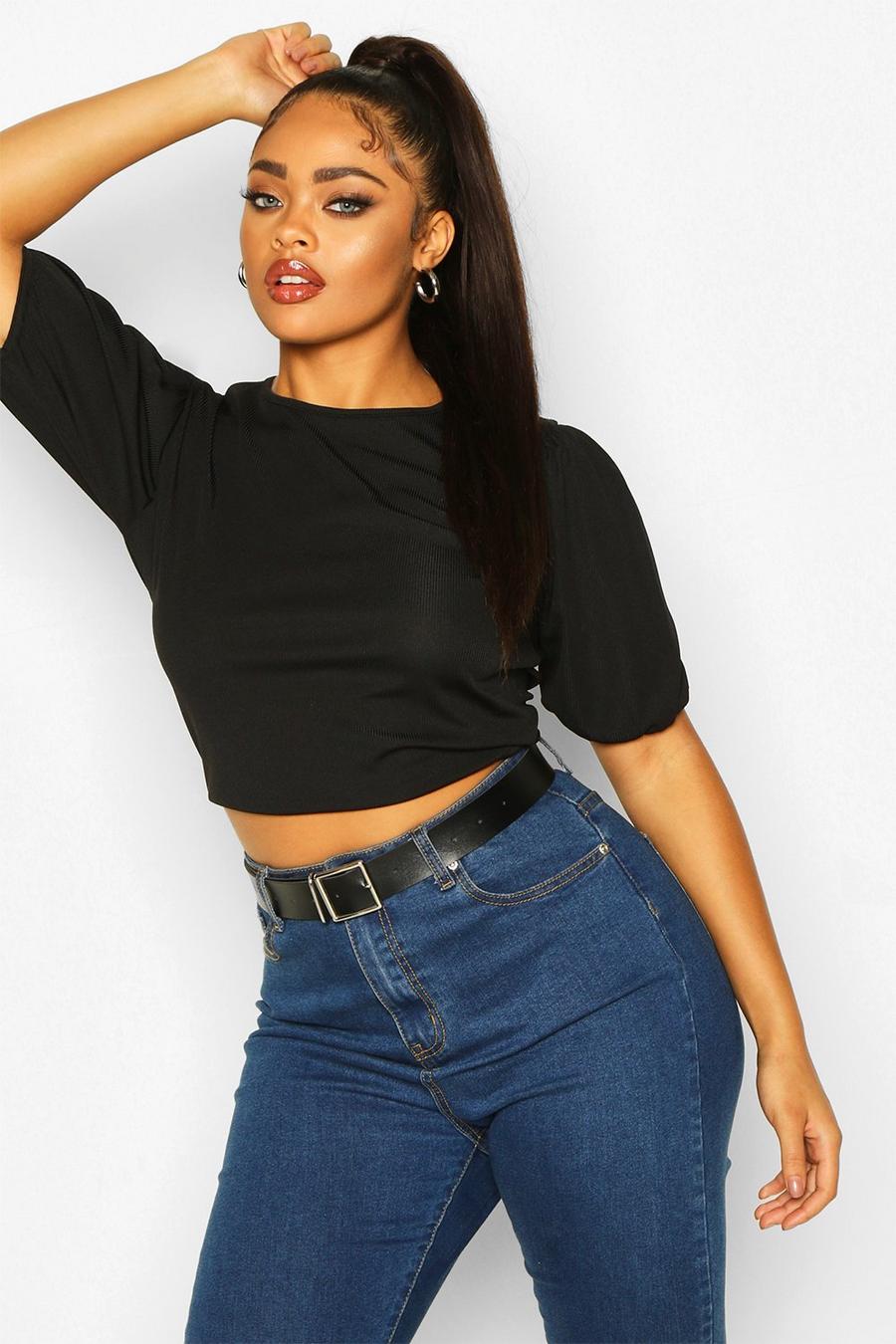 Plus Soft Rib Short Puff Sleeve Cropped Top image number 1