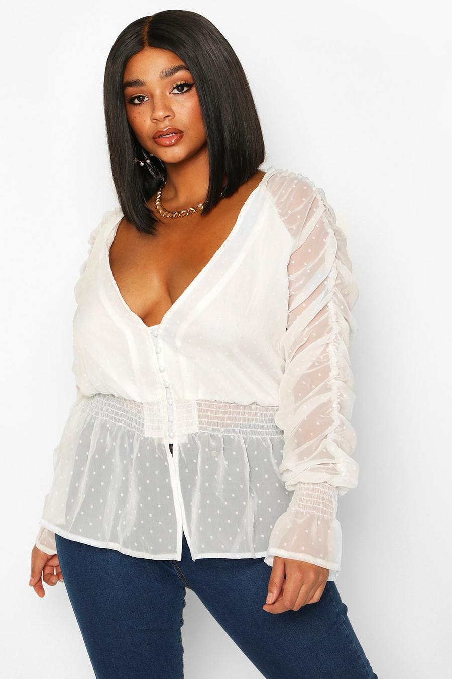 Plus Dobby Mesh Chiffon Ruched Blouse image number 1
