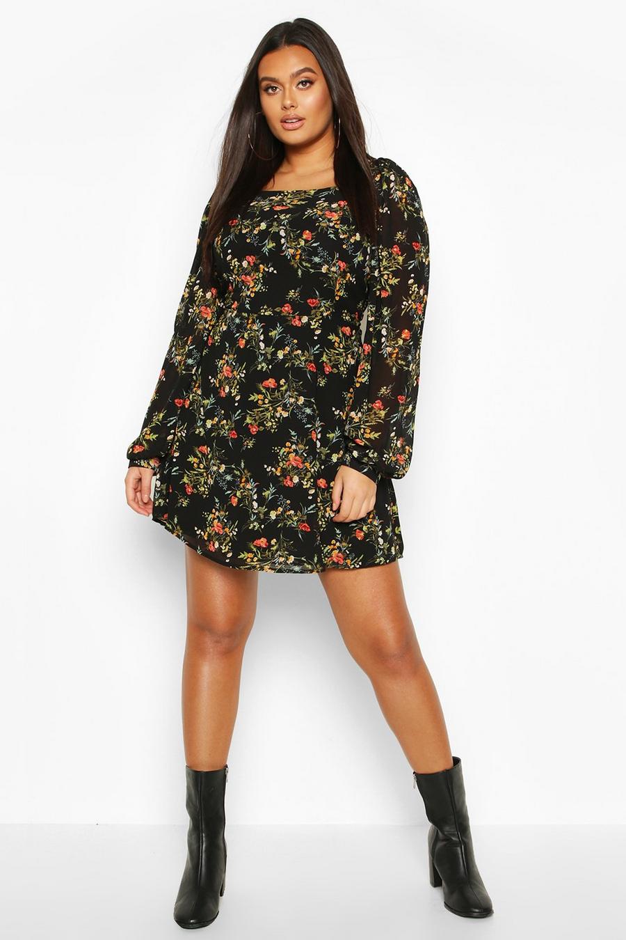 Plus Floral Chiffon Puff Sleeve Skater Dress image number 1