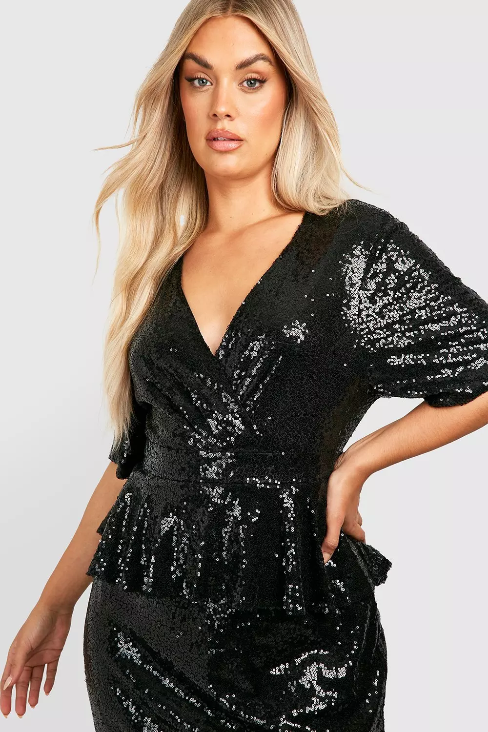 Plus Sequin Peplum Wrap Midi Dress