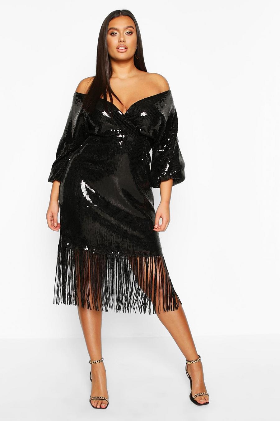 Black schwarz Plus Sequin Off The Shoulder Wrap Midi Dress