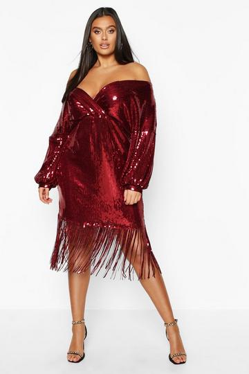 Wine Red Plus Sequin Off The Shoulder Wrap Midi Dress
