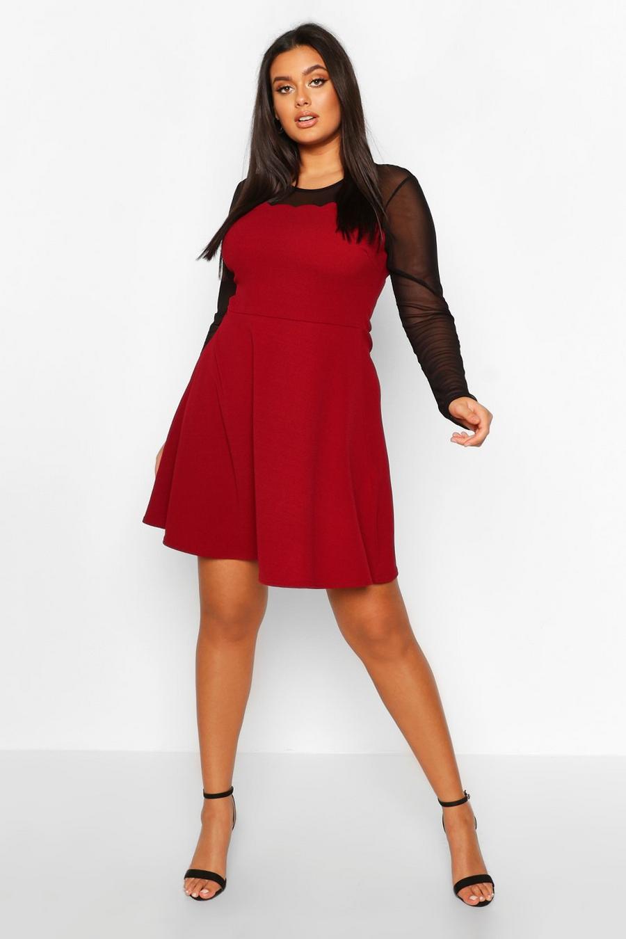 Berry Plus Mesh Scallop Edge Skater Dress image number 1