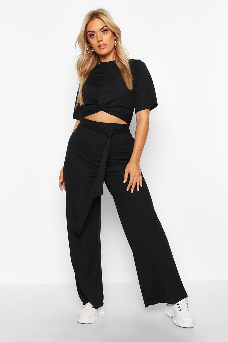 Black Plus Slinky Rib Knot Front Top + Pants Two-Piece image number 1