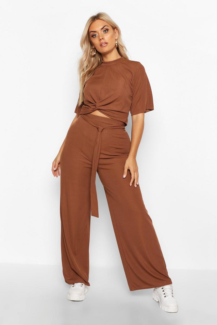 Chocolate Plus Slinky Rib Knot Front Top + Pants Two-Piece image number 1