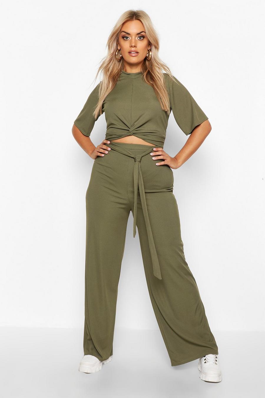 Khaki Plus Slinky Rib Knot Front Top + Trouser Co-Ord image number 1