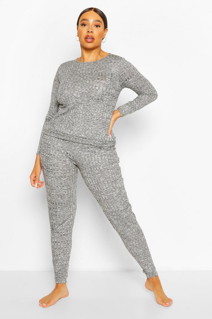 Set Plus con top oversize a coste e pantaloni tuta coordinati, Dark grey grigio