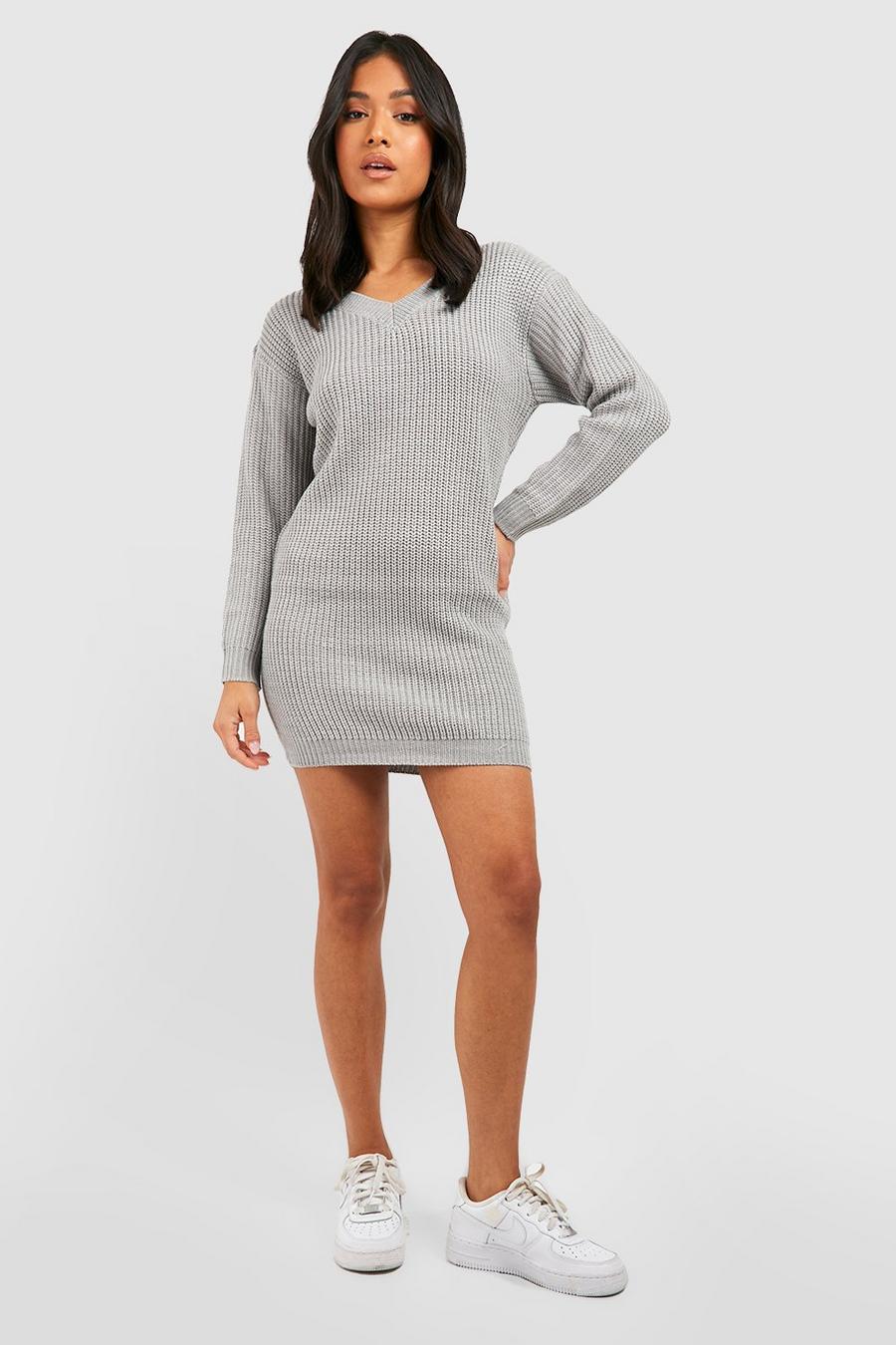 Silver Petite Rib V-Neck Sweater Dress