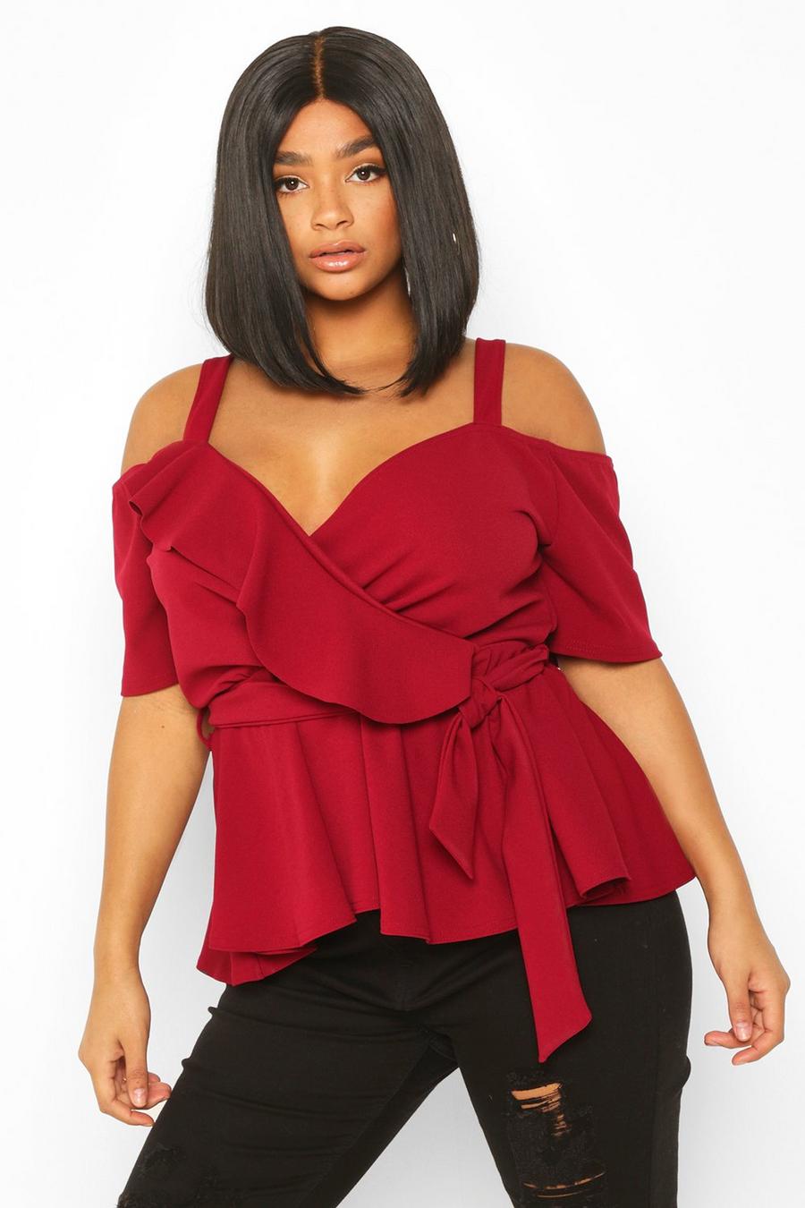 Berry Plus Plunge Ruffle Cold Shoulder Peplum Top image number 1