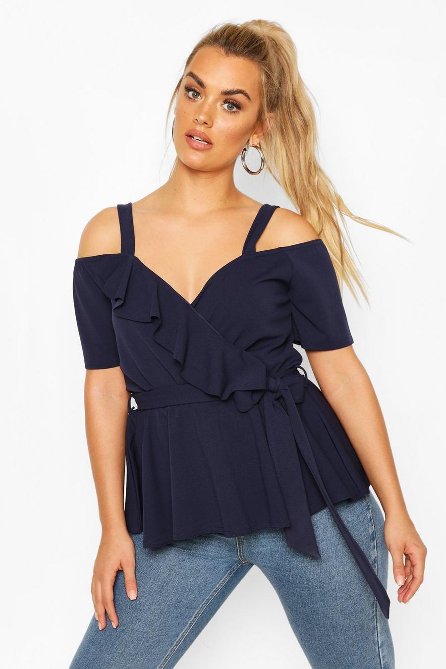 Navy Plus Plunge Ruffle Cold Shoulder Peplum Top image number 1