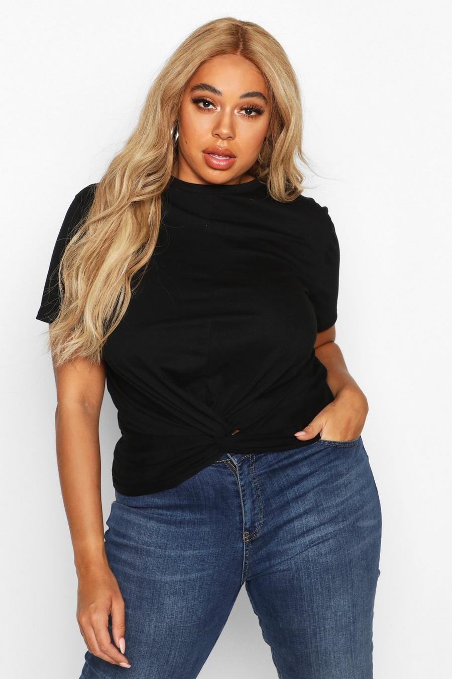 Plus Oversized Cropped T-Shirt aus Baumwolle mit Knoten vorne image number 1