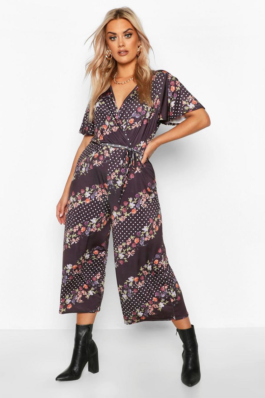 Plus Floral Spot Stripe Wrap Self Belt Culotte Jumpsuit image number 1