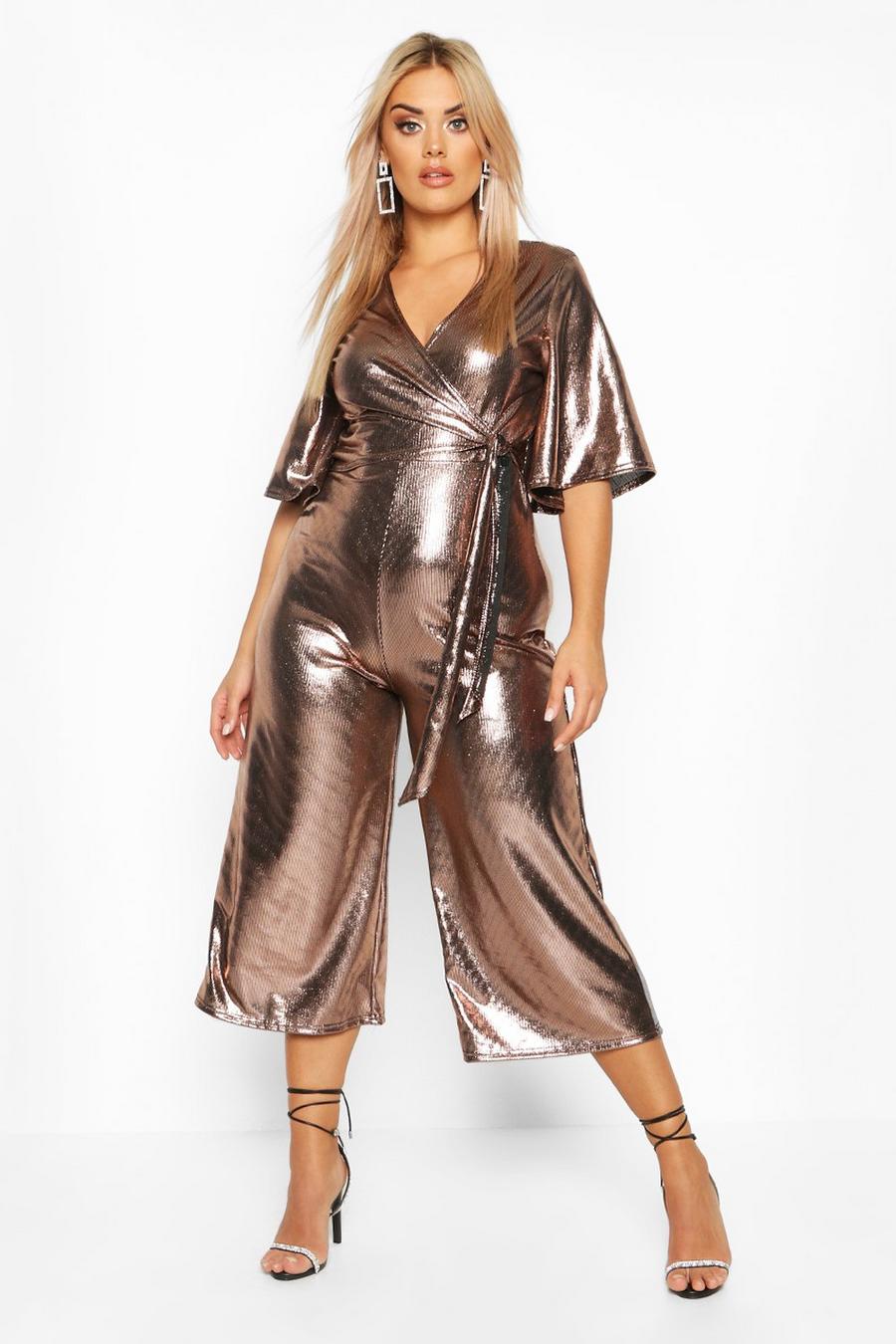 Bronze Plus Metallic Wrap Angel Sleeve Belted Culotte Jumpsuit image number 1