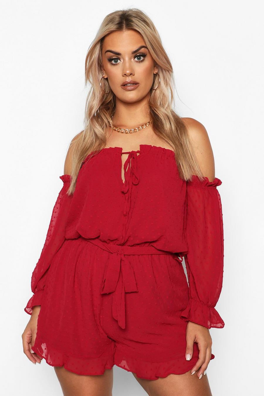 Berry Plus Dobby Mesh Off The Shoulder Ruffle Romper image number 1