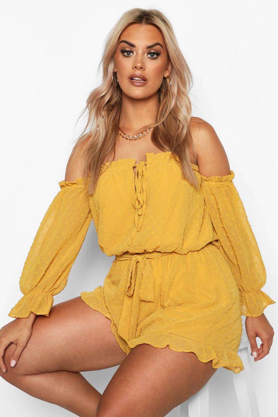 Mustard Plus Dobby Mesh Off The Shoulder Ruffle Romper image number 1