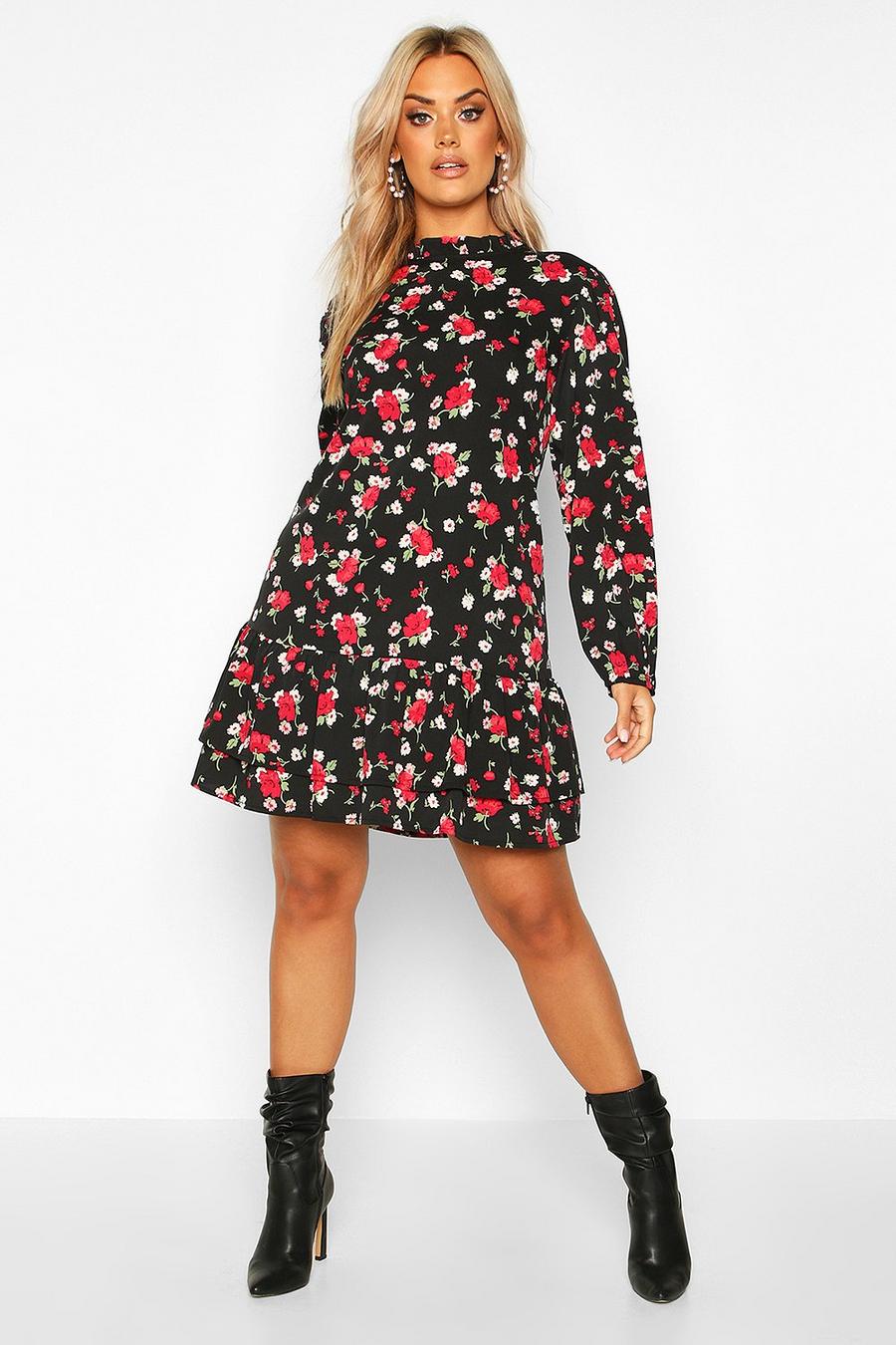 Black Plus - Blommig smockklänning med hög krage och rosor image number 1