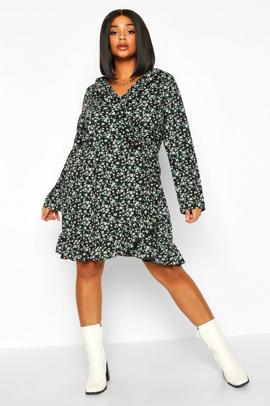 Plus Ditsy Floral Ruffle Wrap Tea Dress image number 1