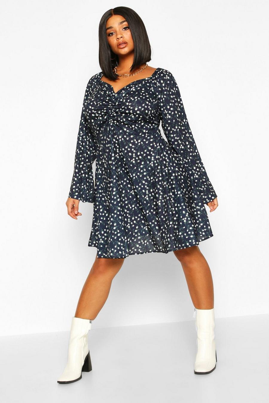Plus Ruched Puff Sleeve Floral Skater Dress image number 1