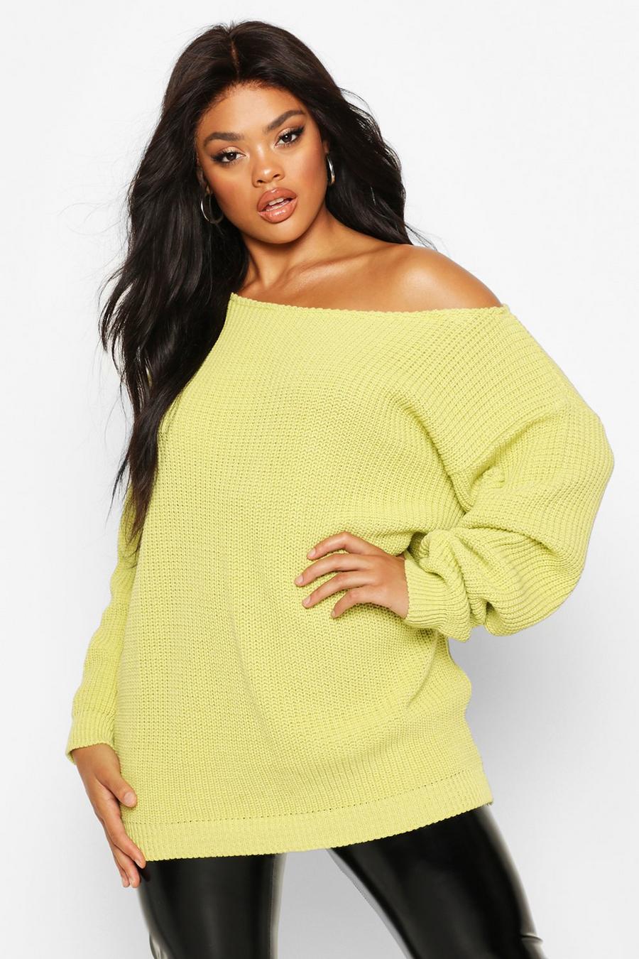 Maglione lungo Plus Size con scollo a barchetta, Verde lime tenue giallo