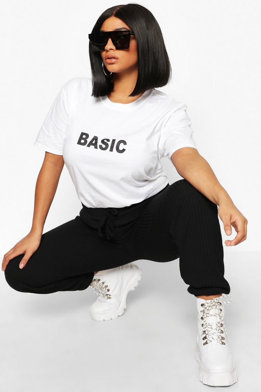 T-shirt Plus Size con scritta Basic, Bianco image number 1
