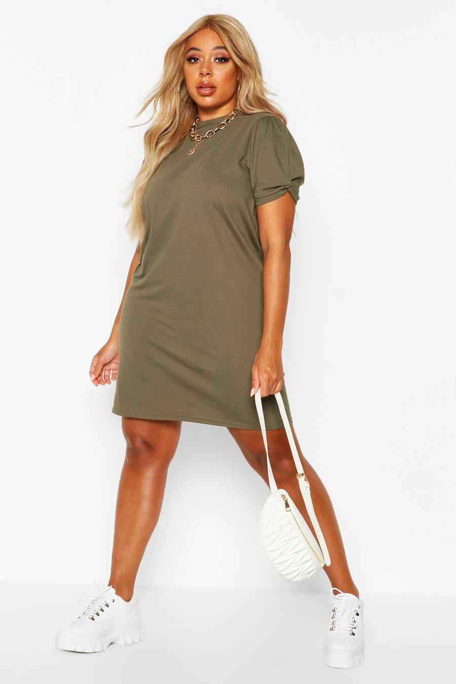 Khaki Plus Ruched Knot Puff Sleeve T-Shirt Dress image number 1