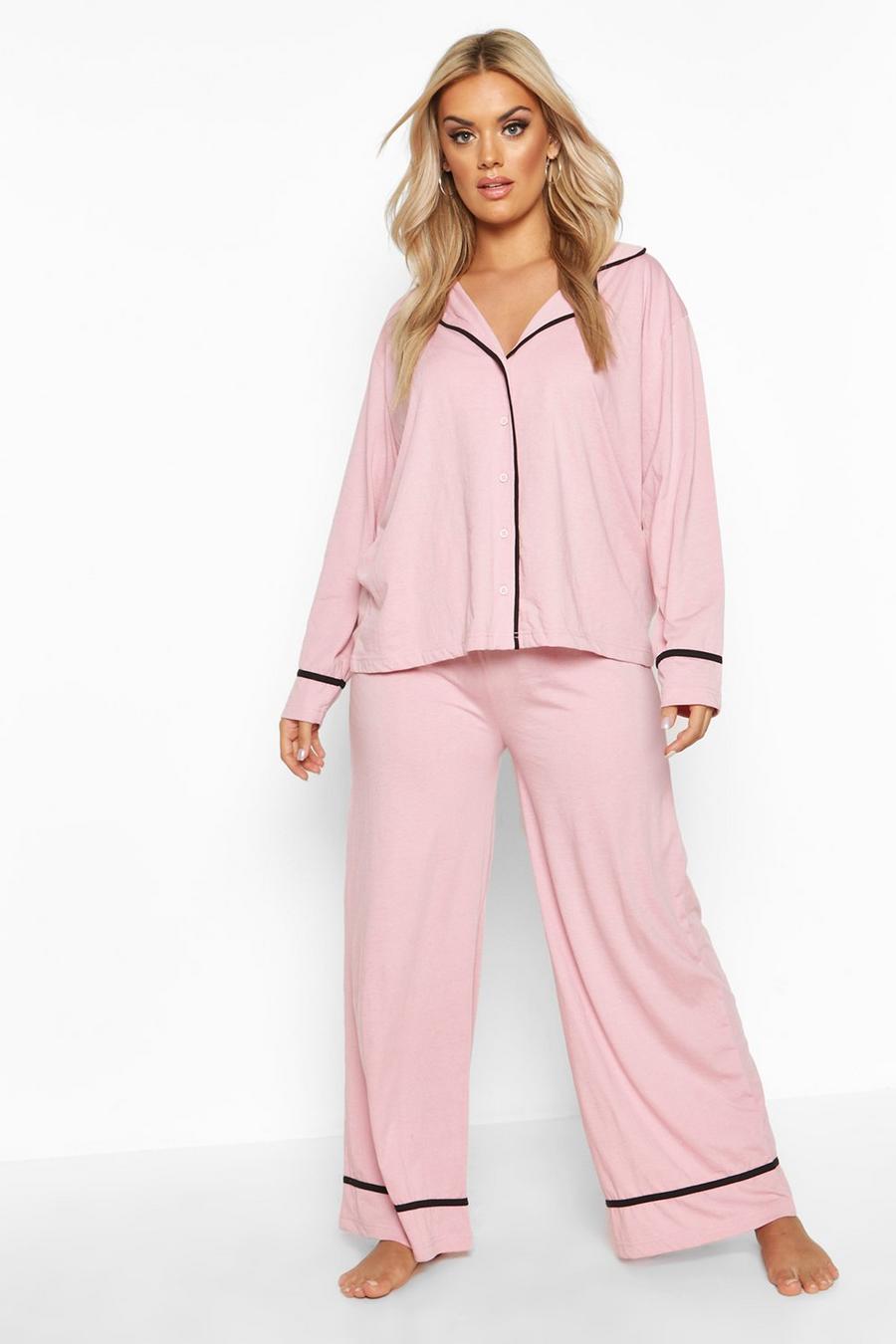 Blush Plus Long Sleeve Piping Detail Shirt & Pants Pajama Set image number 1