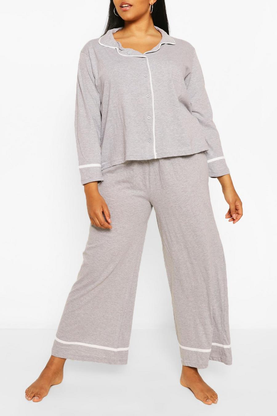 Grijs Plus Jersey Pyjama Set Met Lange Mouwen En Knopen image number 1