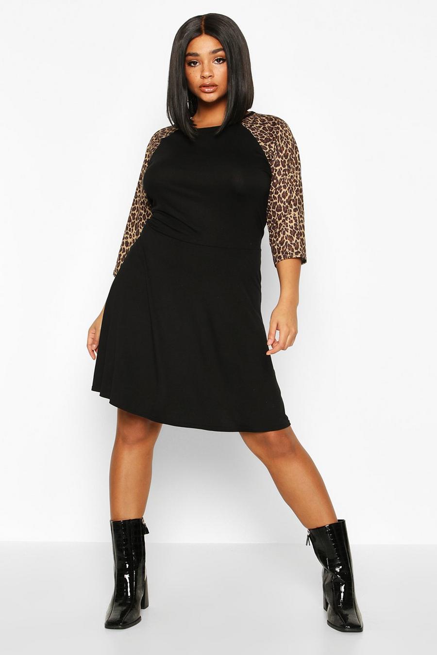 Plus Skater-Kleid mit Ärmeln im Leopardenmuster, Schwarz image number 1
