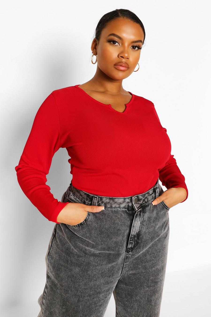 Red Plus Rib Notch Front Long Sleeve T-Shirt image number 1