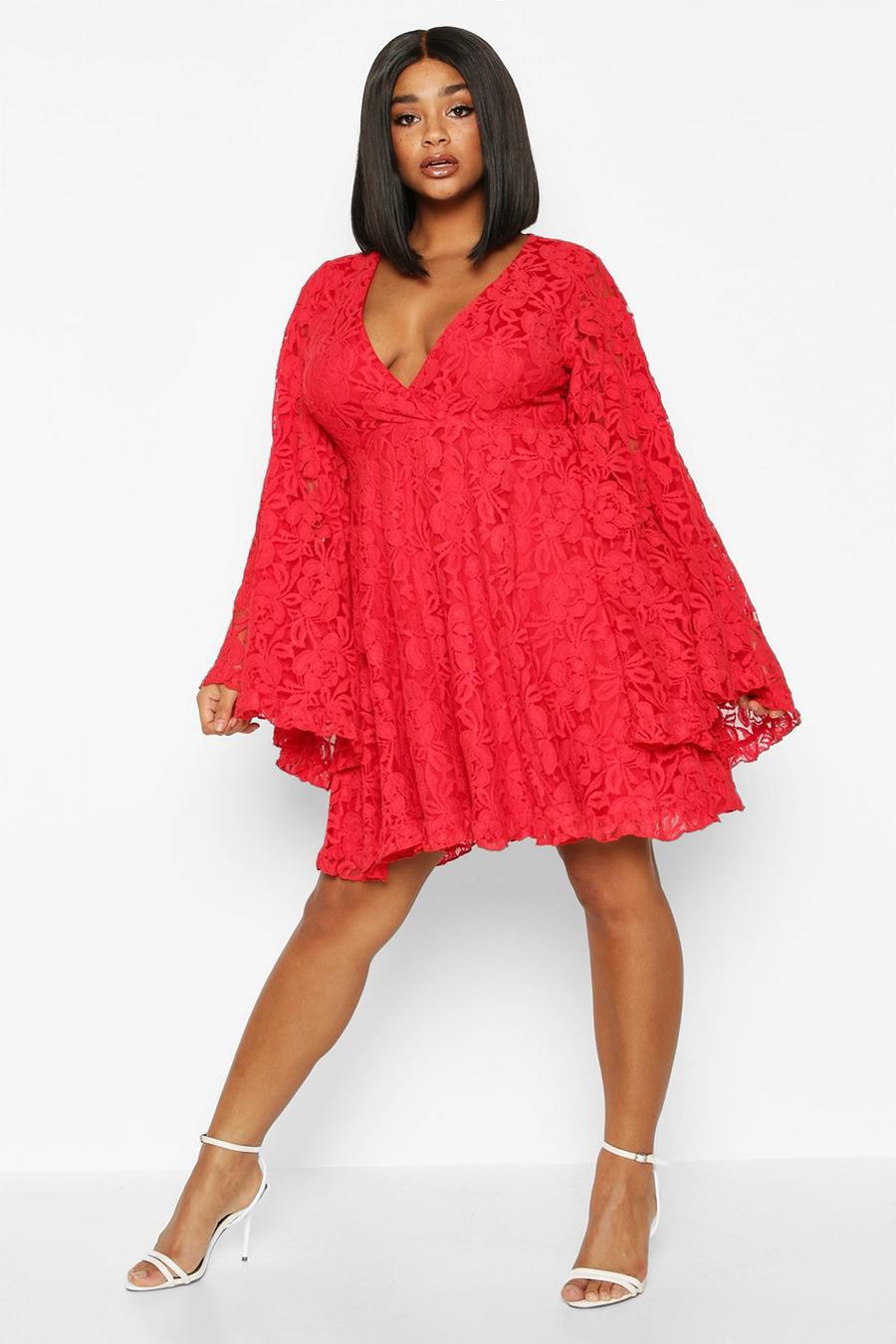 Plus Lace Ruffle Wide Sleeve Ruffle Skater Dress image number 1