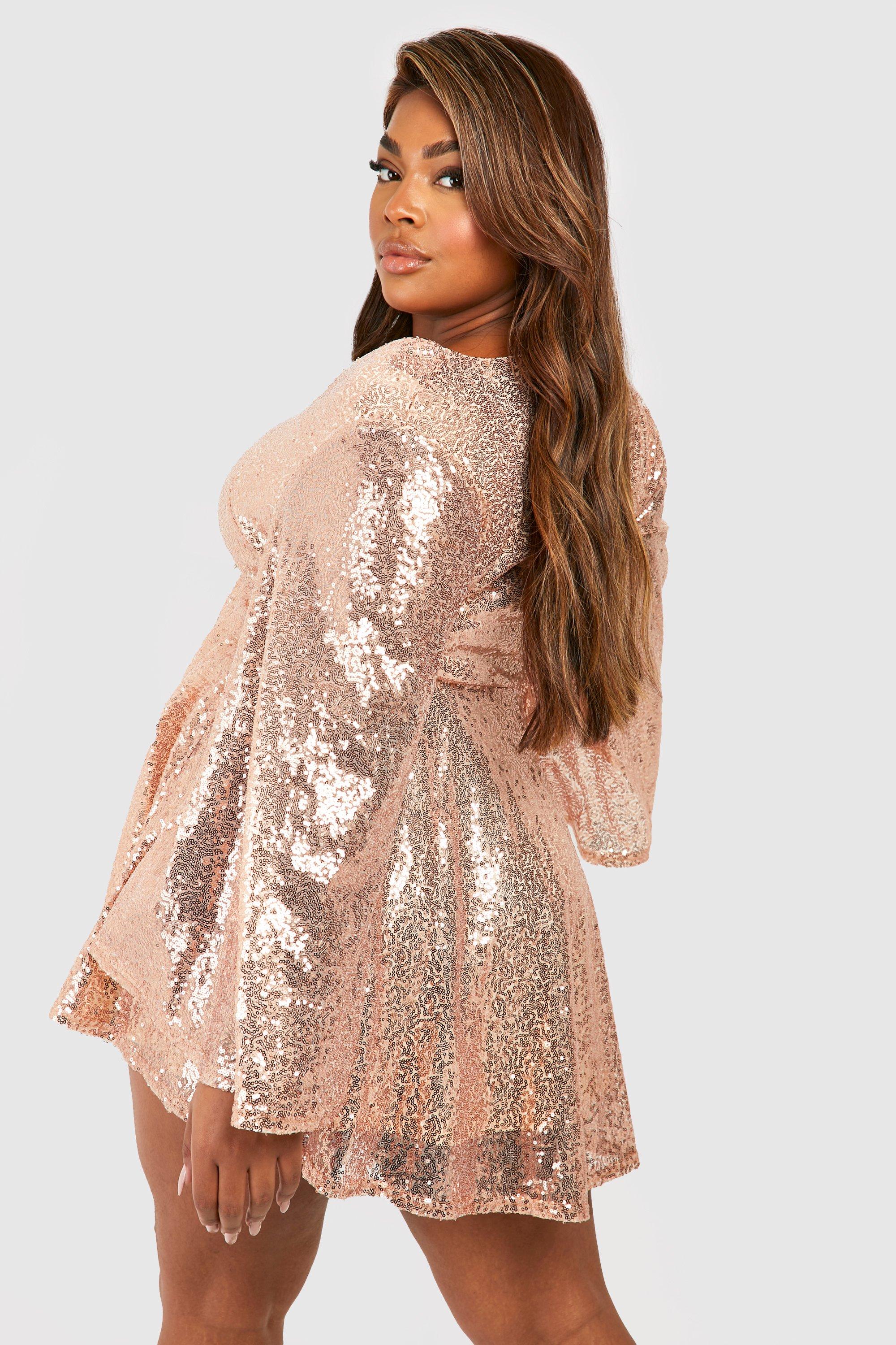 Plus Size Long Sleeve Gold Glitter Sequin Dress