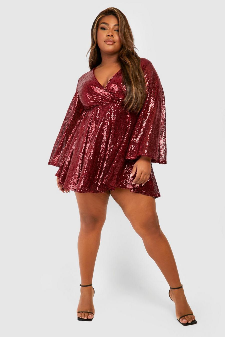 Wine red Plus Sequin Wide Sleeve Ruffle Skater Dress