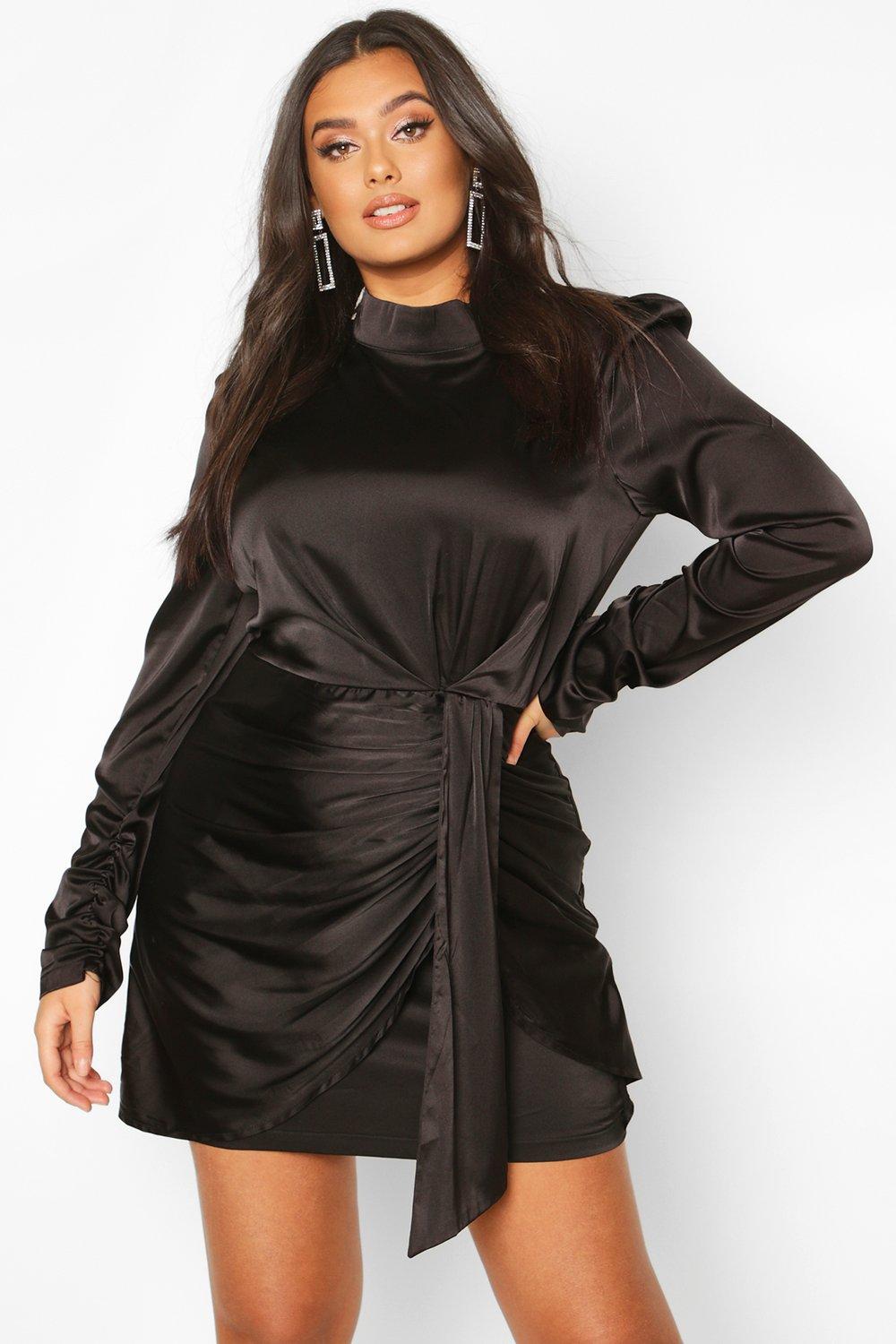 high neck ruched satin dress