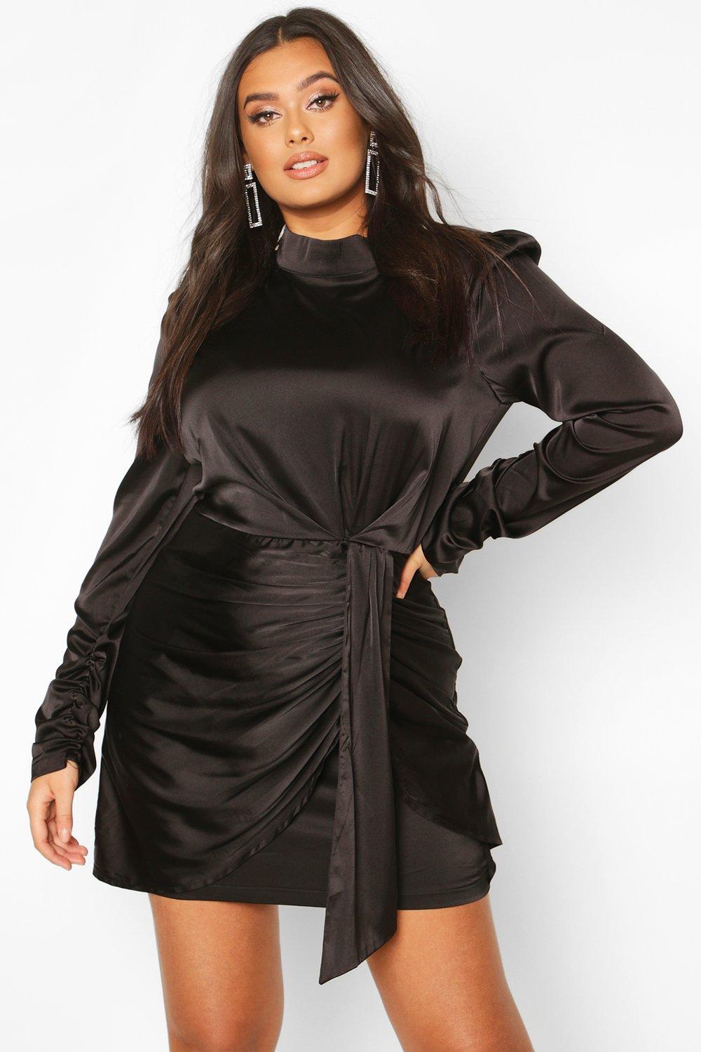 black high neck satin dress