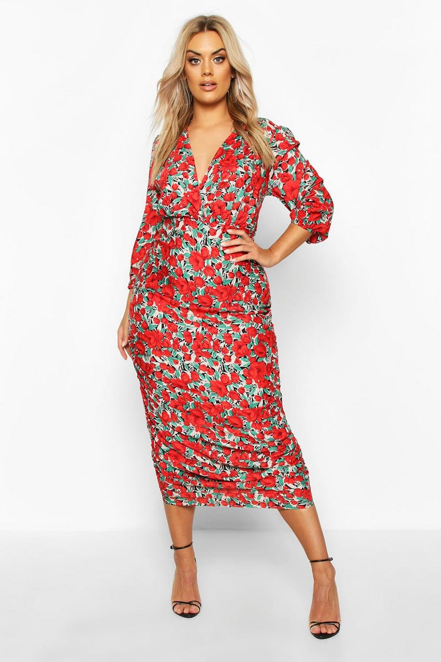 Red röd Plus Woven Large Floral Rose Ruched Wrap Dress image number 1