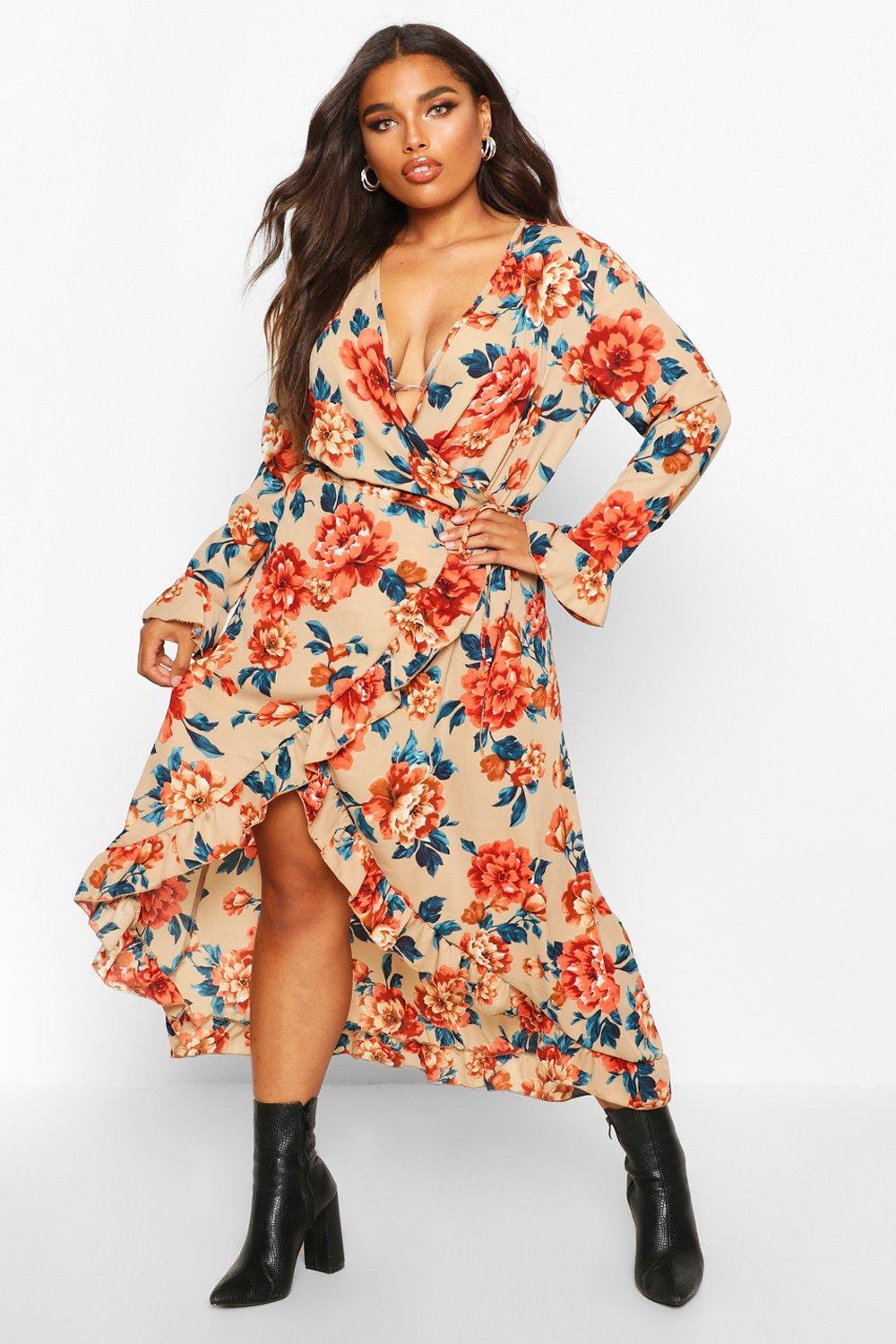 Boohoo ruffle wrap midi dress in floral store