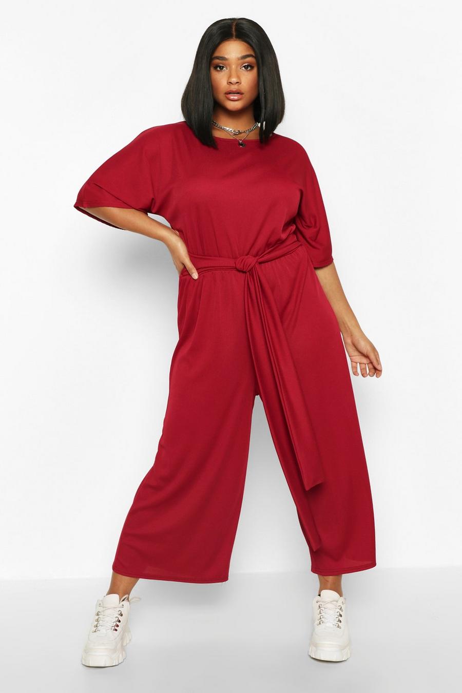 Grande taille - Combinaison jupe-culotte côtelée à manches courtes nouée à la taille  , Fruits rouges image number 1