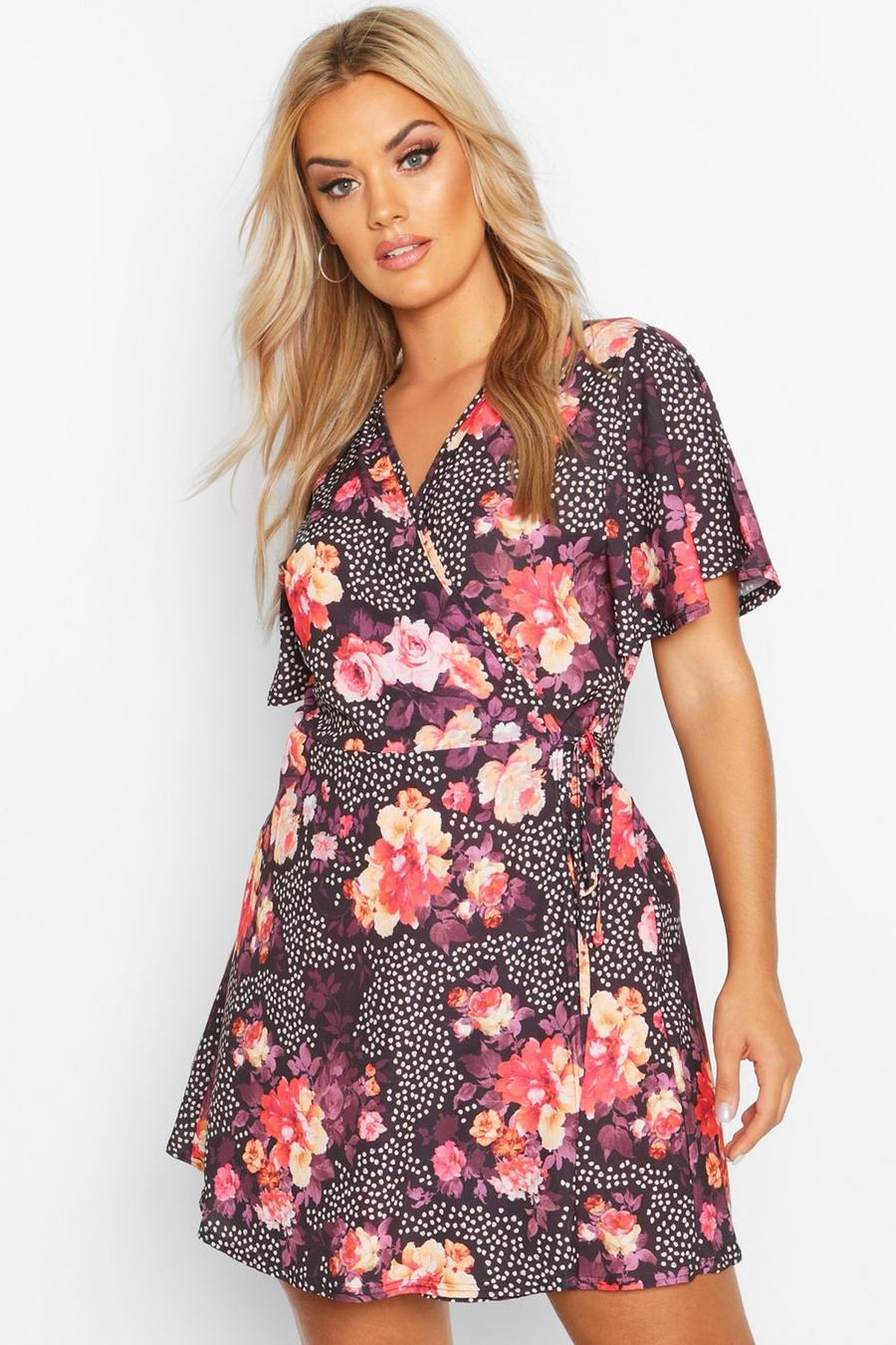 Plus Floral Spot Wrap Dress With Angel Sleeve image number 1