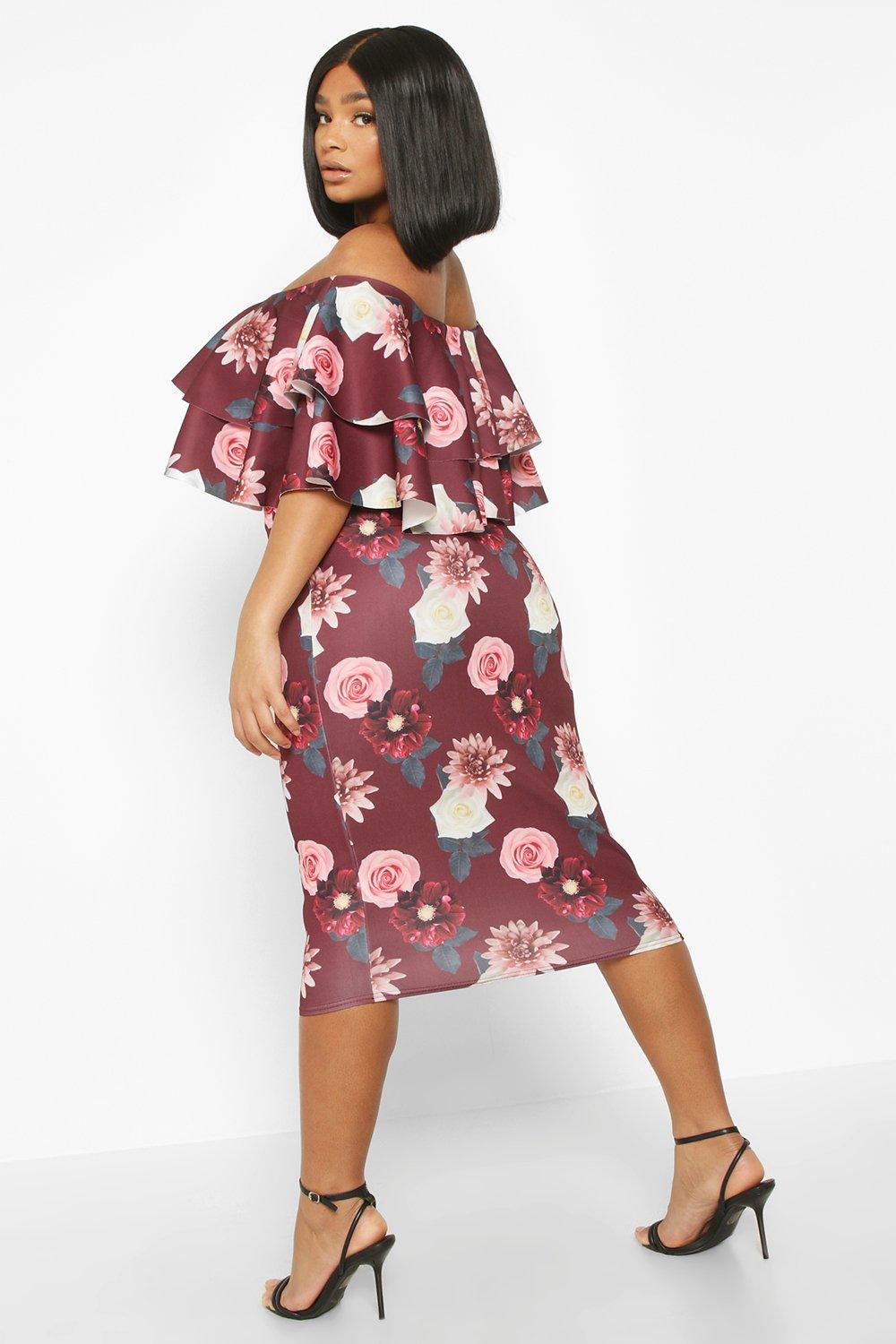 plus off shoulder floral ruffle midi dress