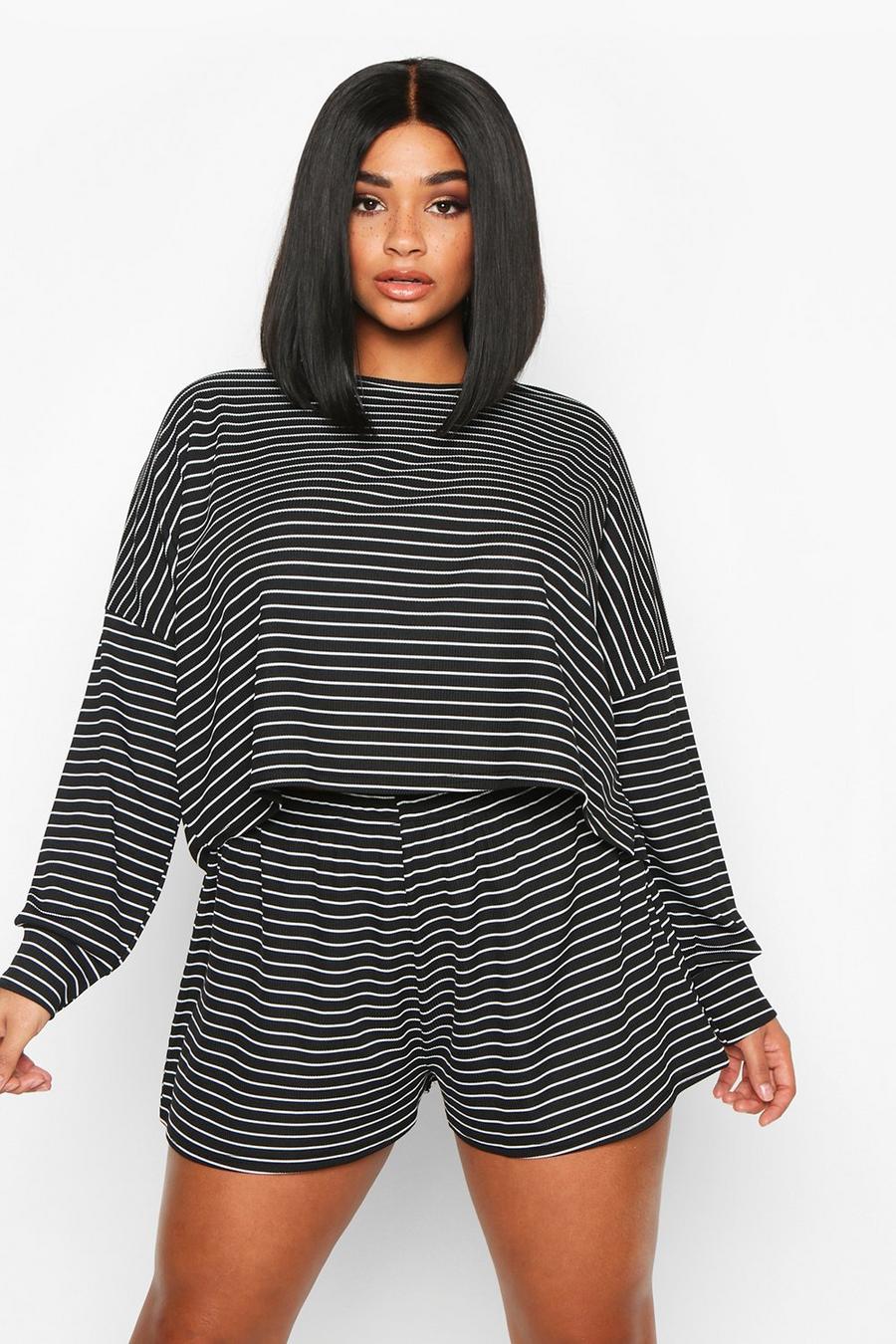 Black Plus Stripe Oversized T-Shirt + Shorts Rib Co-Ord