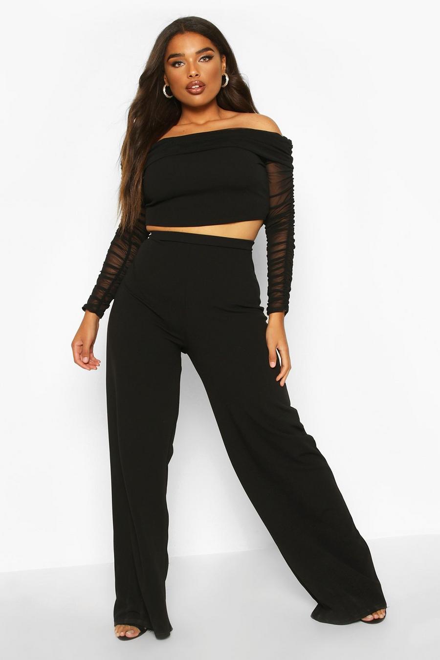 Plus Mesh Off The Shoulder Top + Wide Leg Pants Two-Piece image number 1
