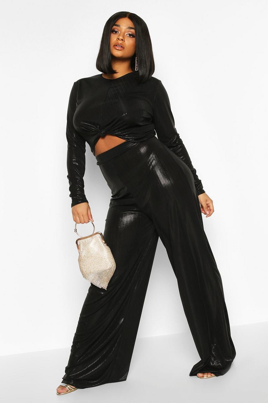Plus Metallic Knot Front Top + Wide Leg Trousers image number 1