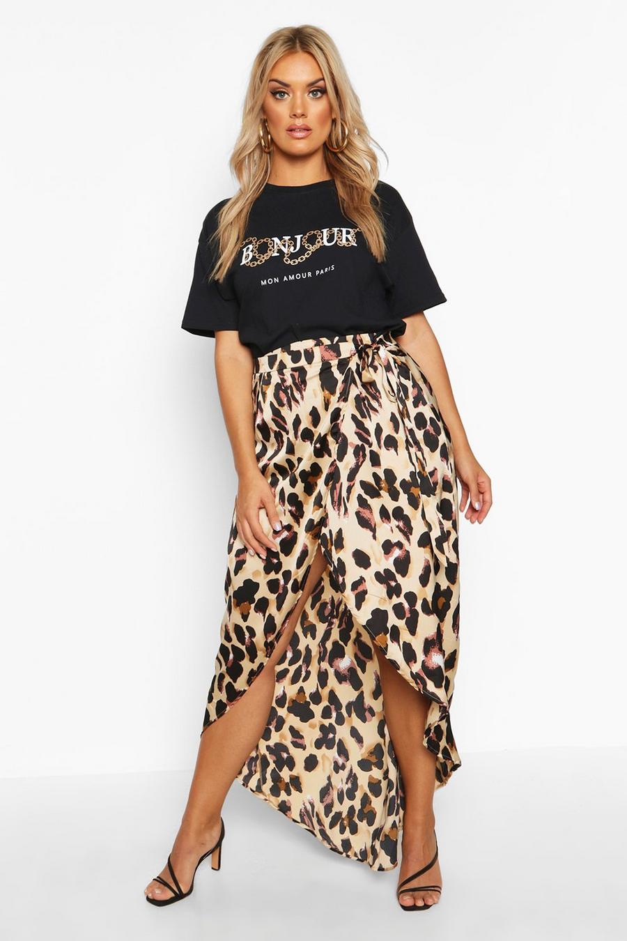 Brown Plus Leopard Print Wrap Tie Waist Maxi Skirt image number 1