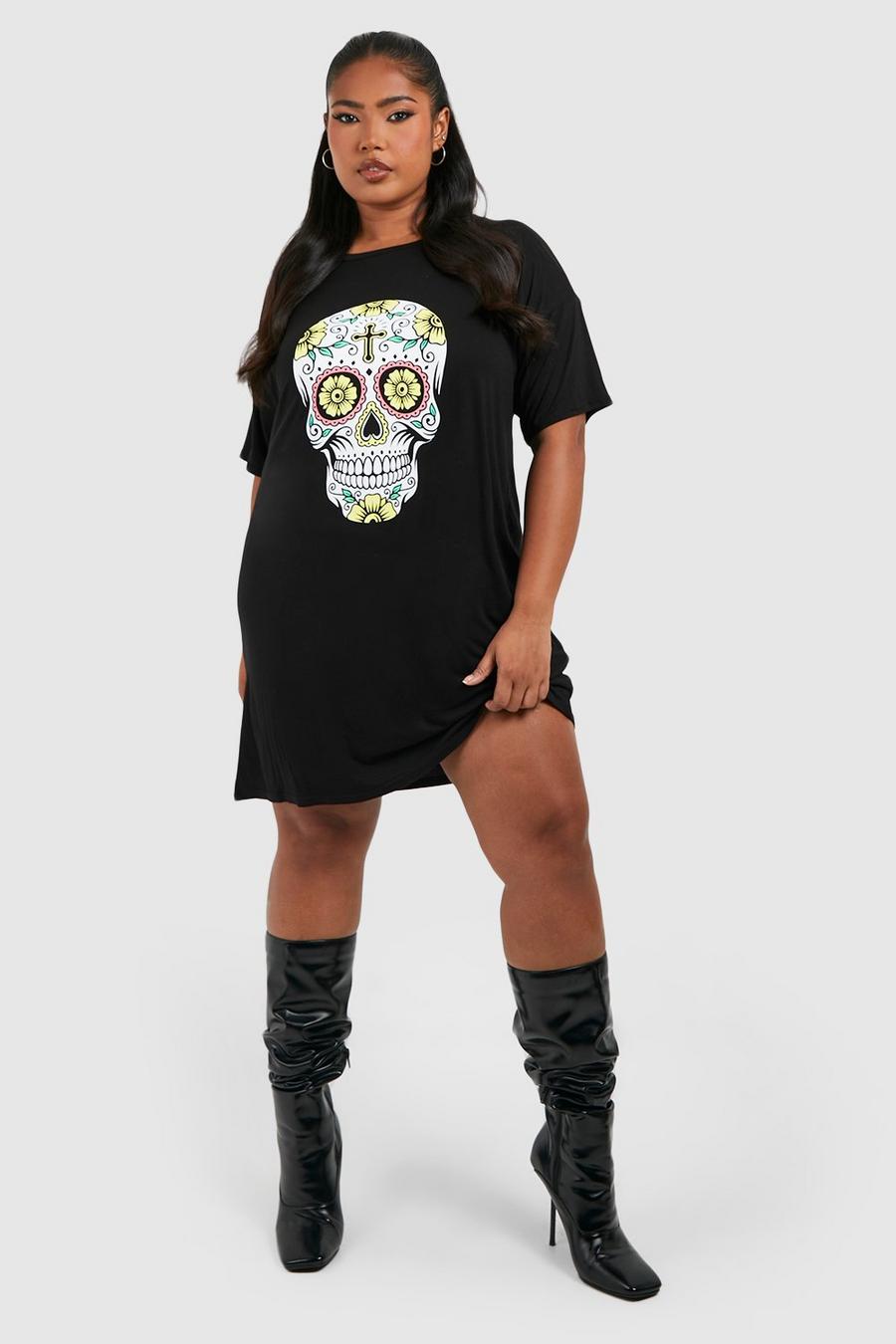 Black Plus Halloween T-shirtklänning med dödskalle image number 1