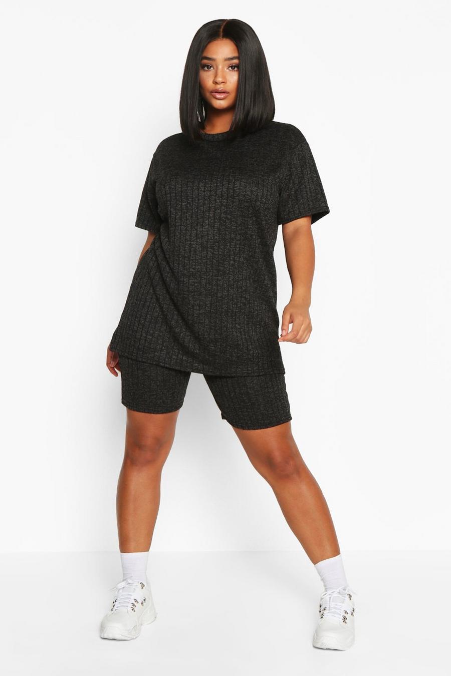 Black Plus Knitted Biker Short Two-Piece image number 1