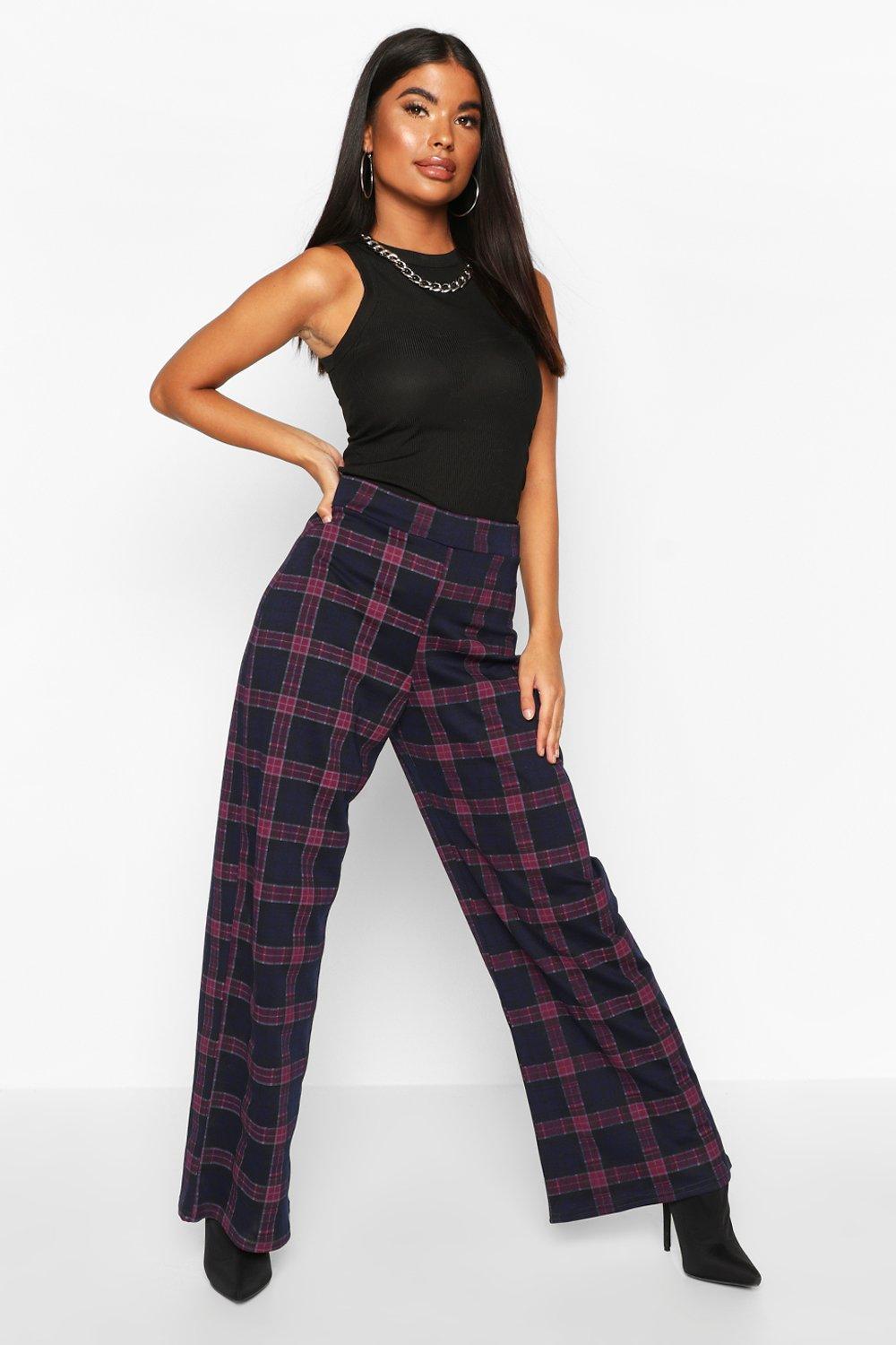 Red Tartan Check Wide Leg Pants, Pants