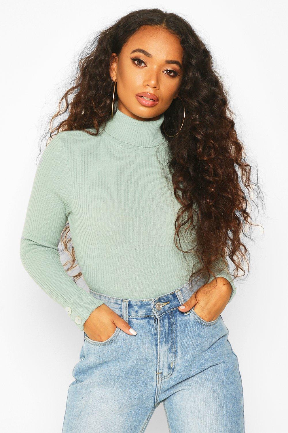 Petite Rib Turtleneck Button Cuff Sweater