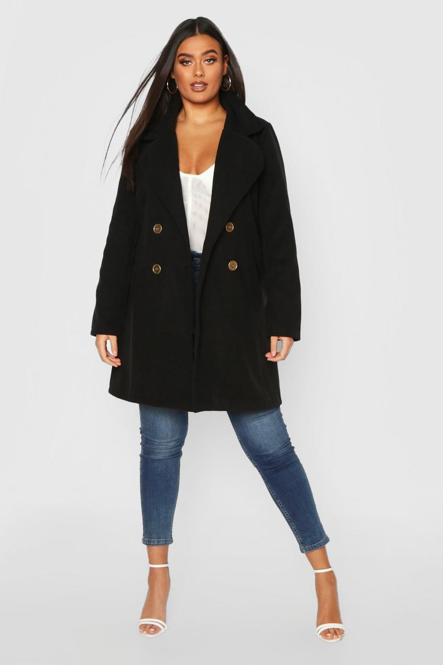 Black Plus Double Breasted Button Wool Look Coat