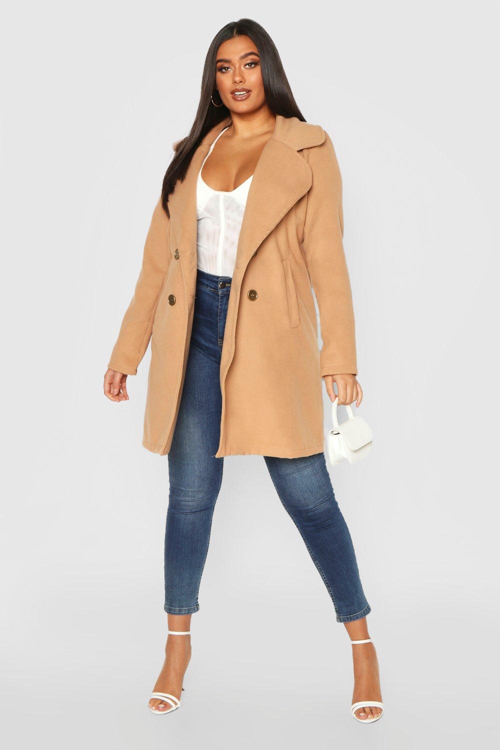 Plus Double Breasted Button Wool Look Coat boohoo USA